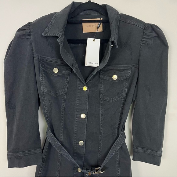 NWT RETROFETE LEMA DENIM BUTTON UP BELTED MINI DRESS SLEEVES SIZE XL IN BLACK - Picture 10 of 16
